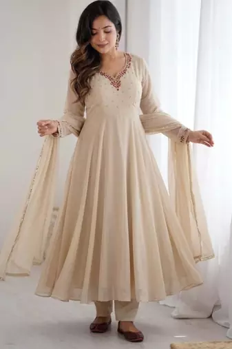 Cream faux georgette gota flared gown set