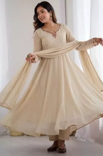 Cream faux georgette gota flared gown set