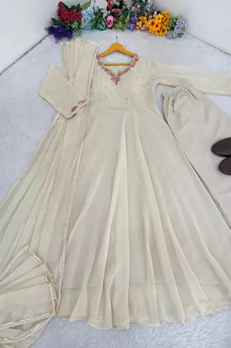 Cream faux georgette gota flared gown set