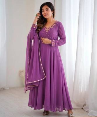 Purple faux georgette gota flared gown set 1