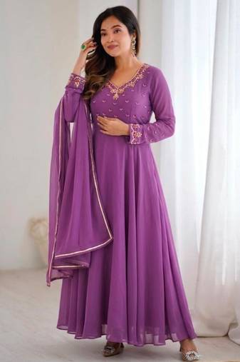 Purple faux georgette gota flared gown set