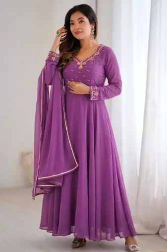 Purple faux georgette gota flared gown set