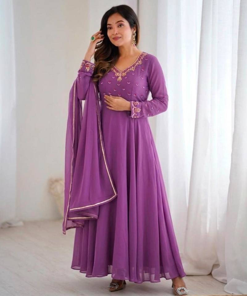 Purple faux georgette gota flared gown set