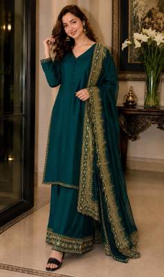 Teal green silk blend embroidered palazzo set 1