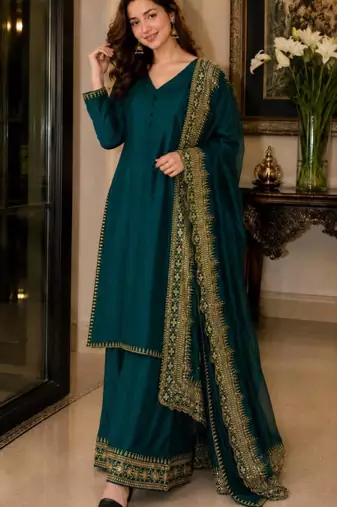 Teal green silk blend embroidered palazzo set