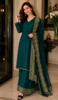 Teal green silk blend embroidered palazzo set 3