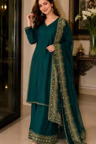 Teal green silk blend embroidered palazzo set
