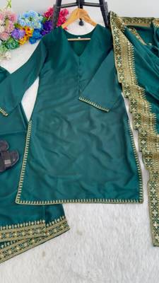 Teal green silk blend embroidered palazzo set 4