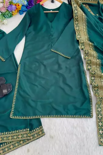 Teal green silk blend embroidered palazzo set