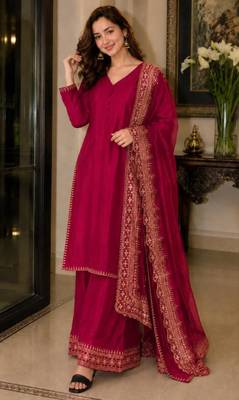 Crimson silk blend embroidered palazzo set 1