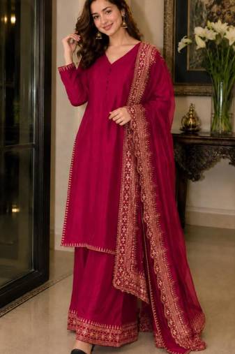 Crimson silk blend embroidered palazzo set