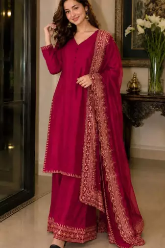 Crimson silk blend embroidered palazzo set