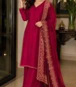 Crimson silk blend embroidered palazzo set