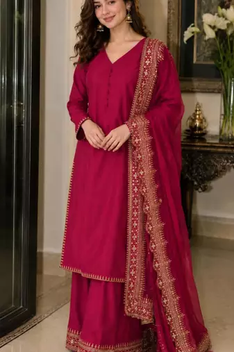 Crimson silk blend embroidered palazzo set