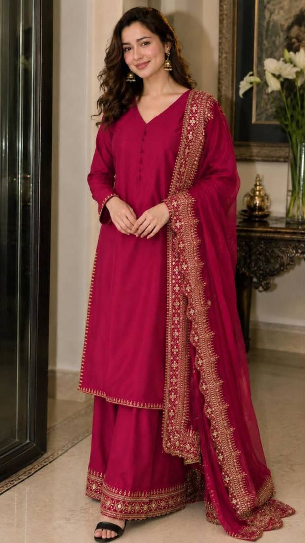 Crimson silk blend embroidered palazzo set