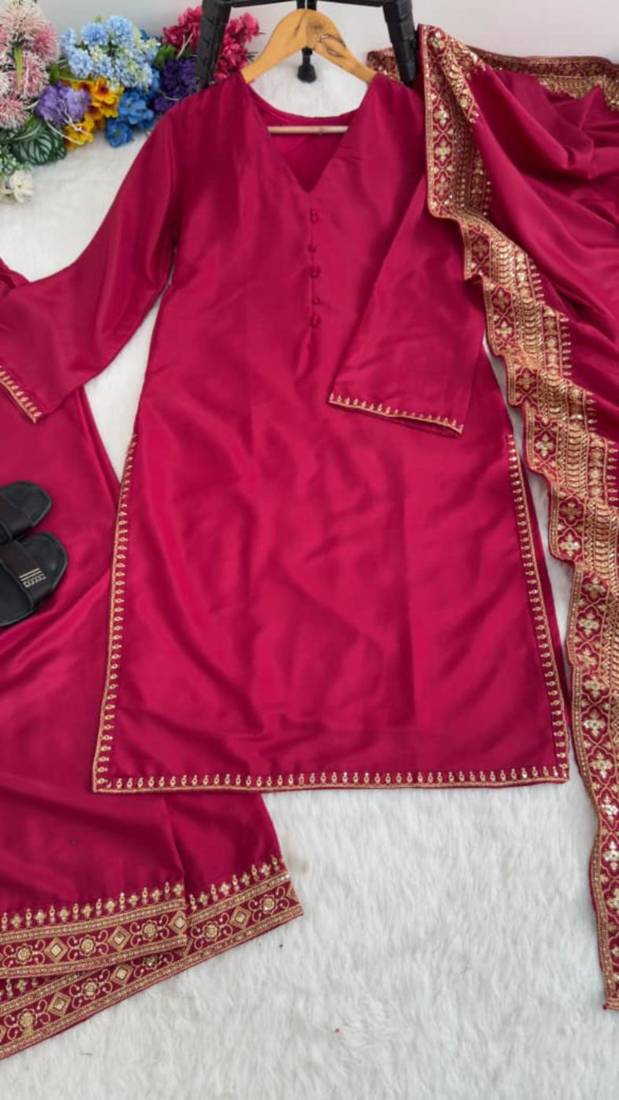 Crimson silk blend embroidered palazzo set