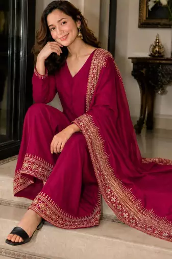 Crimson silk blend embroidered palazzo set
