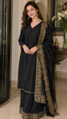 Black silk blend embroidered palazzo set 1