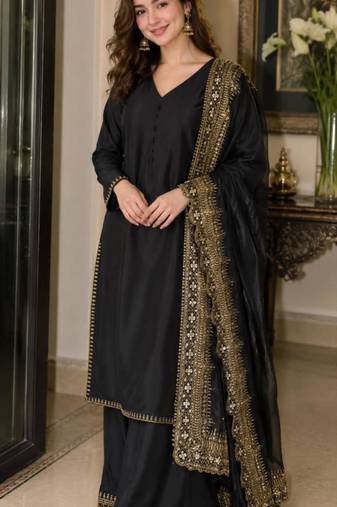 Black silk blend embroidered palazzo set