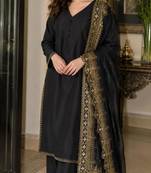 Black silk blend embroidered palazzo set