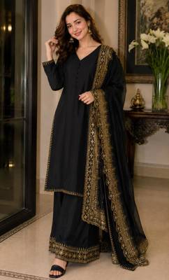Black silk blend embroidered palazzo set 2