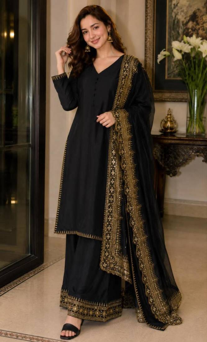 Black silk blend embroidered palazzo set