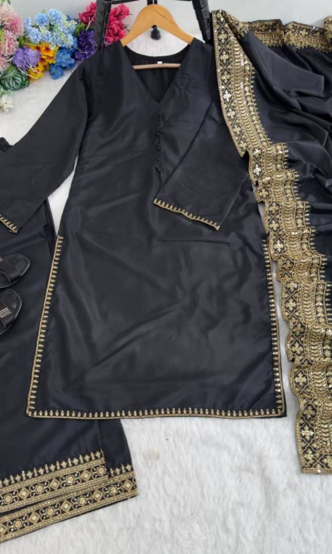 Black silk blend embroidered palazzo set