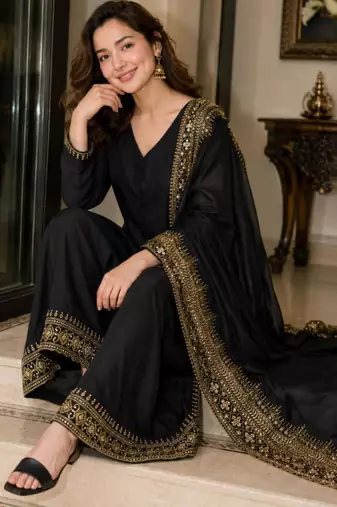 Black silk blend embroidered palazzo set
