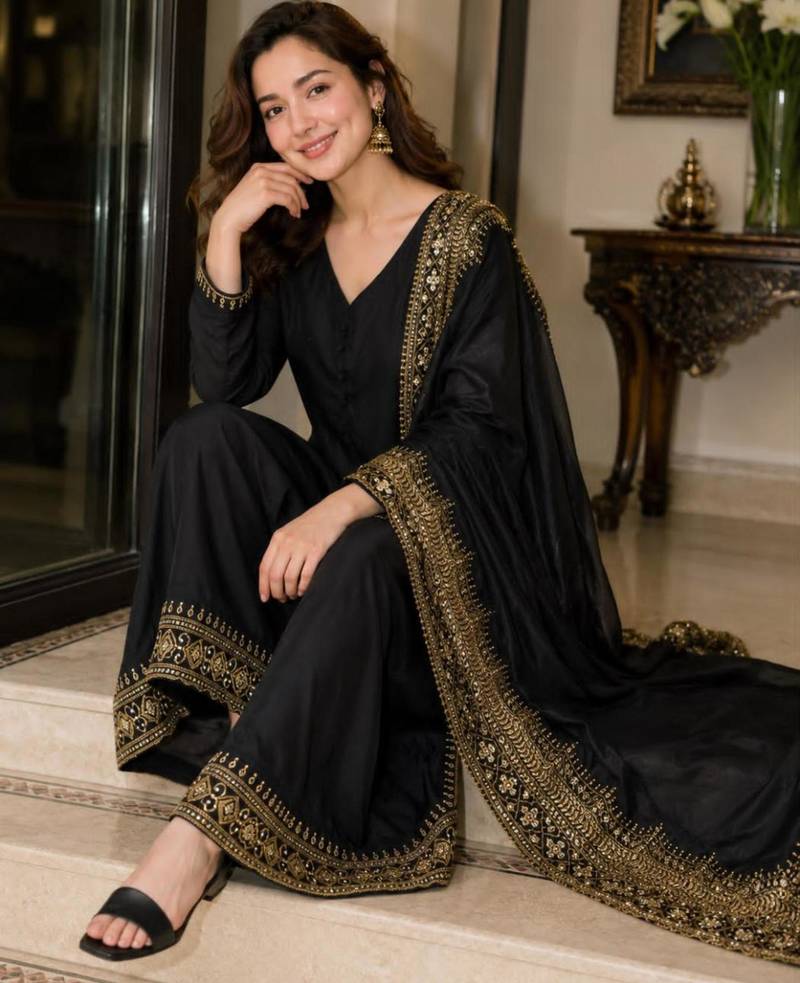 Black silk blend embroidered palazzo set