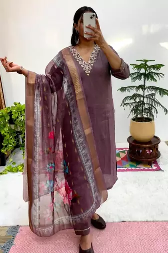 Plum silk blend hand embroidery kurta set