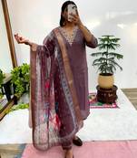 Plum silk blend hand embroidery kurta set