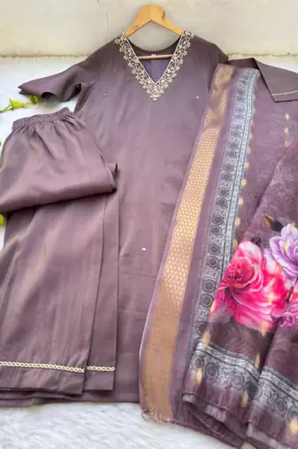 Plum silk blend hand embroidery kurta set