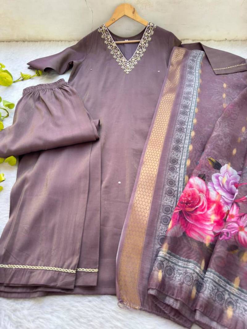 Plum silk blend hand embroidery kurta set