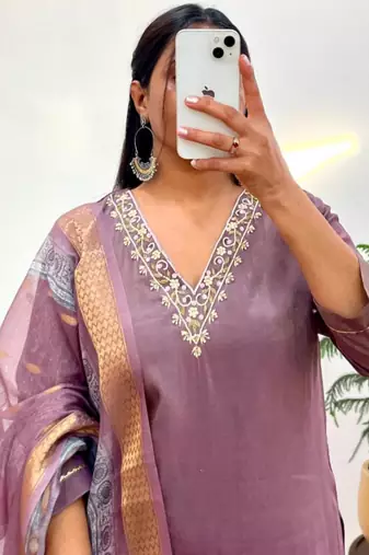 Plum silk blend hand embroidery kurta set
