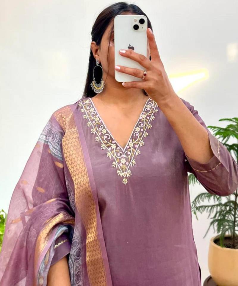 Plum silk blend hand embroidery kurta set