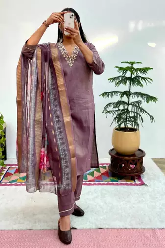 Plum silk blend hand embroidery kurta set