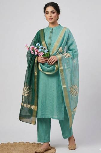 Green jacquard hand embroidery kurta set