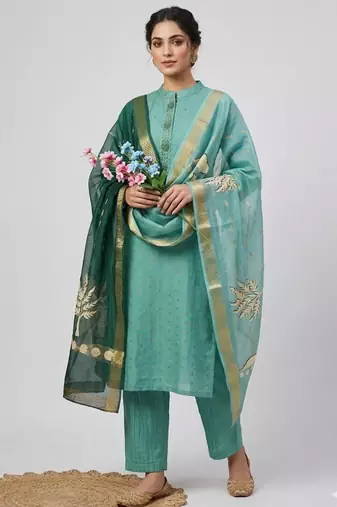 Green jacquard hand embroidery kurta set