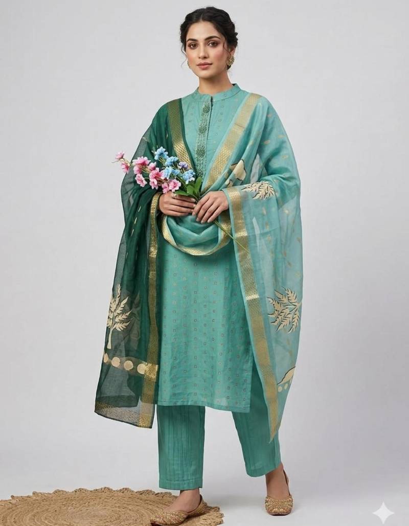 Green jacquard hand embroidery kurta set