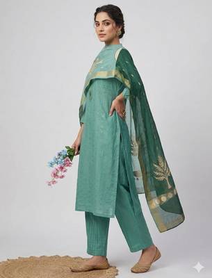 Green jacquard hand embroidery kurta set 2