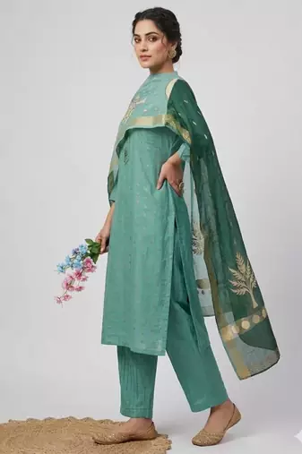 Green jacquard hand embroidery kurta set