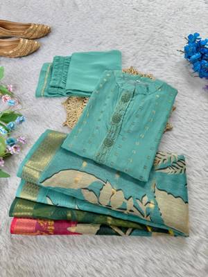 Green jacquard hand embroidery kurta set 3