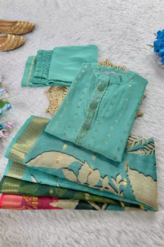 Green jacquard hand embroidery kurta set