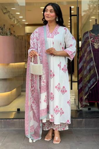 White cotton printed kurta set