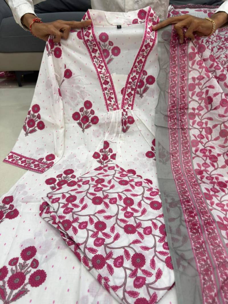 White cotton printed kurta set