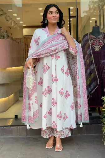 White cotton printed kurta set