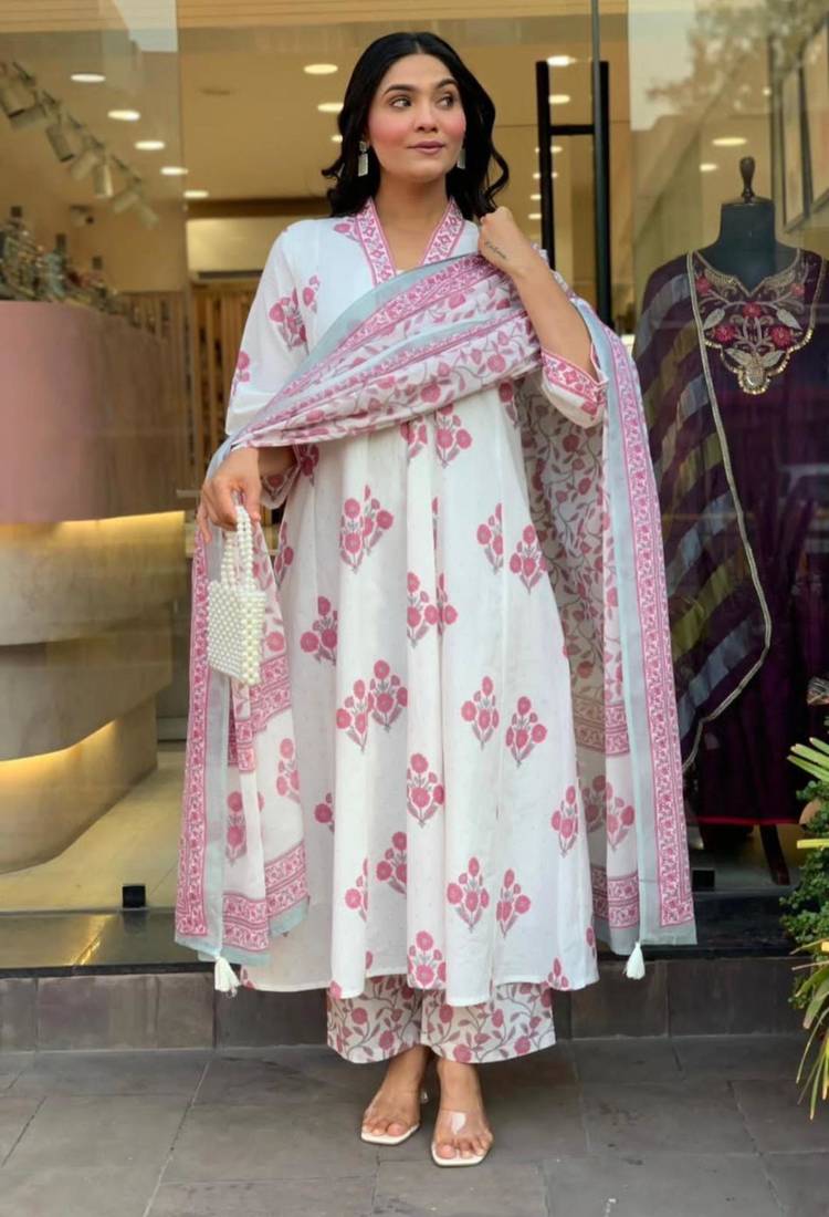 White cotton printed kurta set