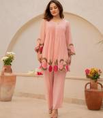 Peach chanderi embroidered kurta set