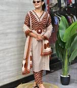Beige cotton silk printed kurta set