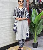 White cotton silk printed kurta set